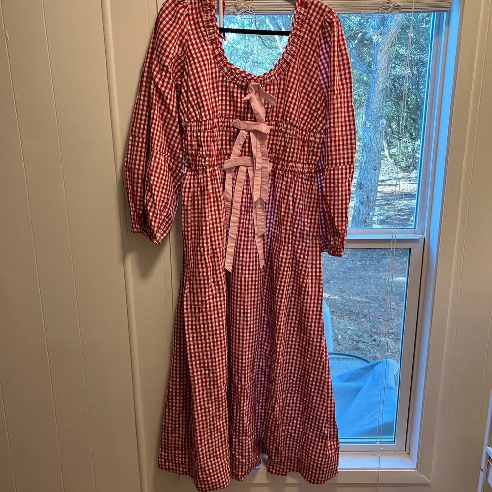Red Gingham Dress with Pink Bow